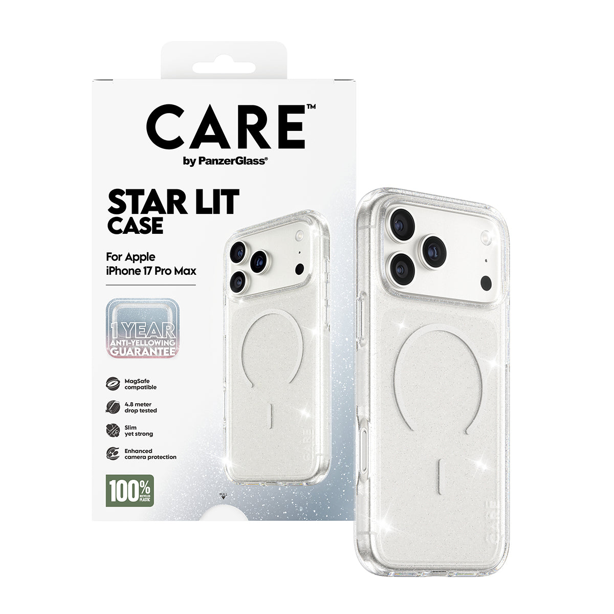 Pouzdro MagSafe pro Apple iPhone 17 Pro, PanzerGlass, Care Urban Explorer Star Lit, Průhledná Bílá
