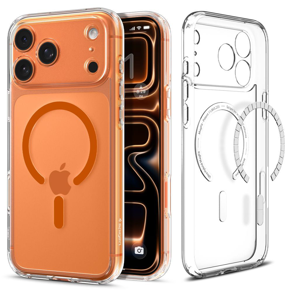 Pouzdro MagSafe pro Apple iPhone 17 Pro, Spigen, Ultra Hybrid, Průhledná Oranžová ACS11112