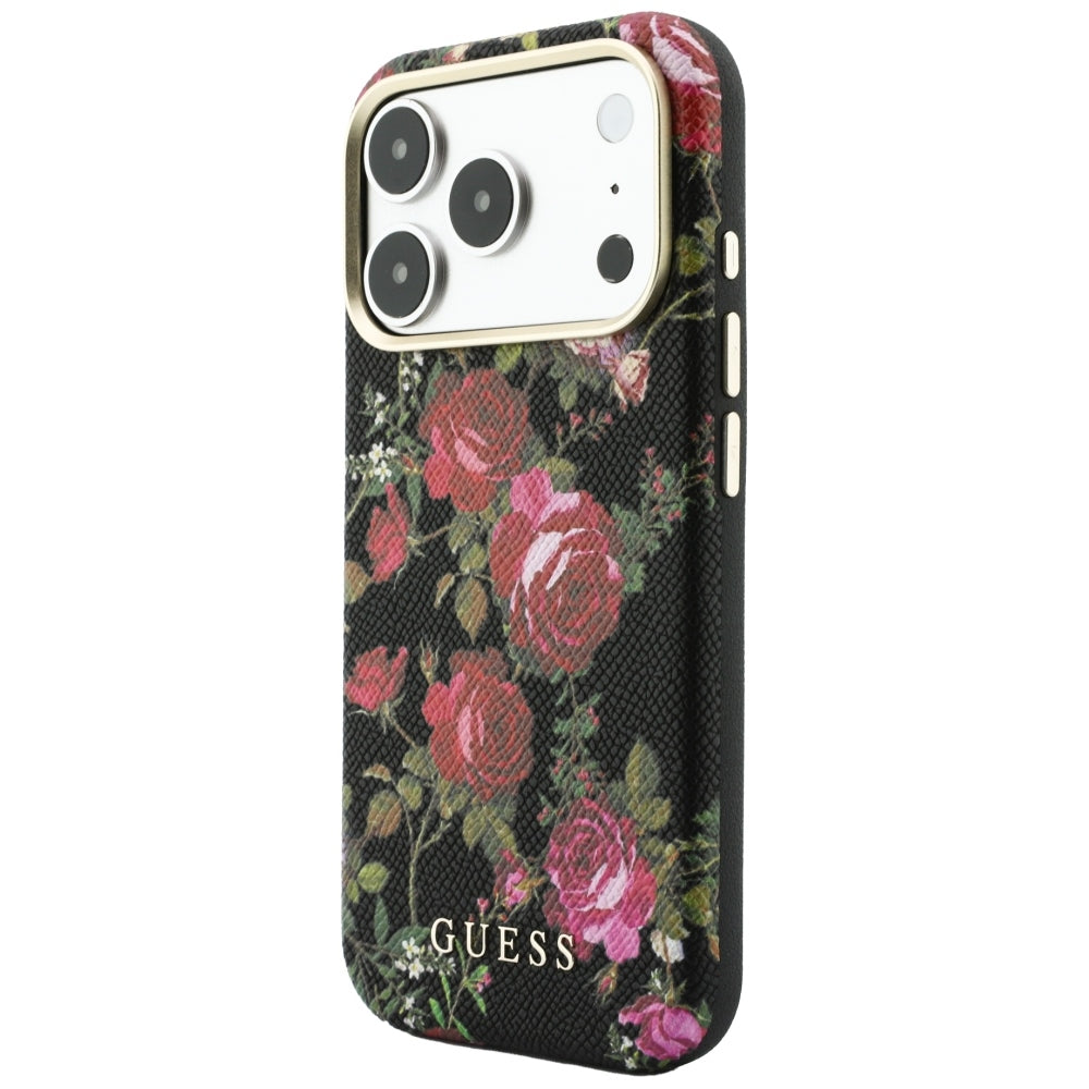 Pouzdro MagSafe pro Apple iPhone 18 Pro / 17 Pro, Guess, Blossom Roses Print, černé