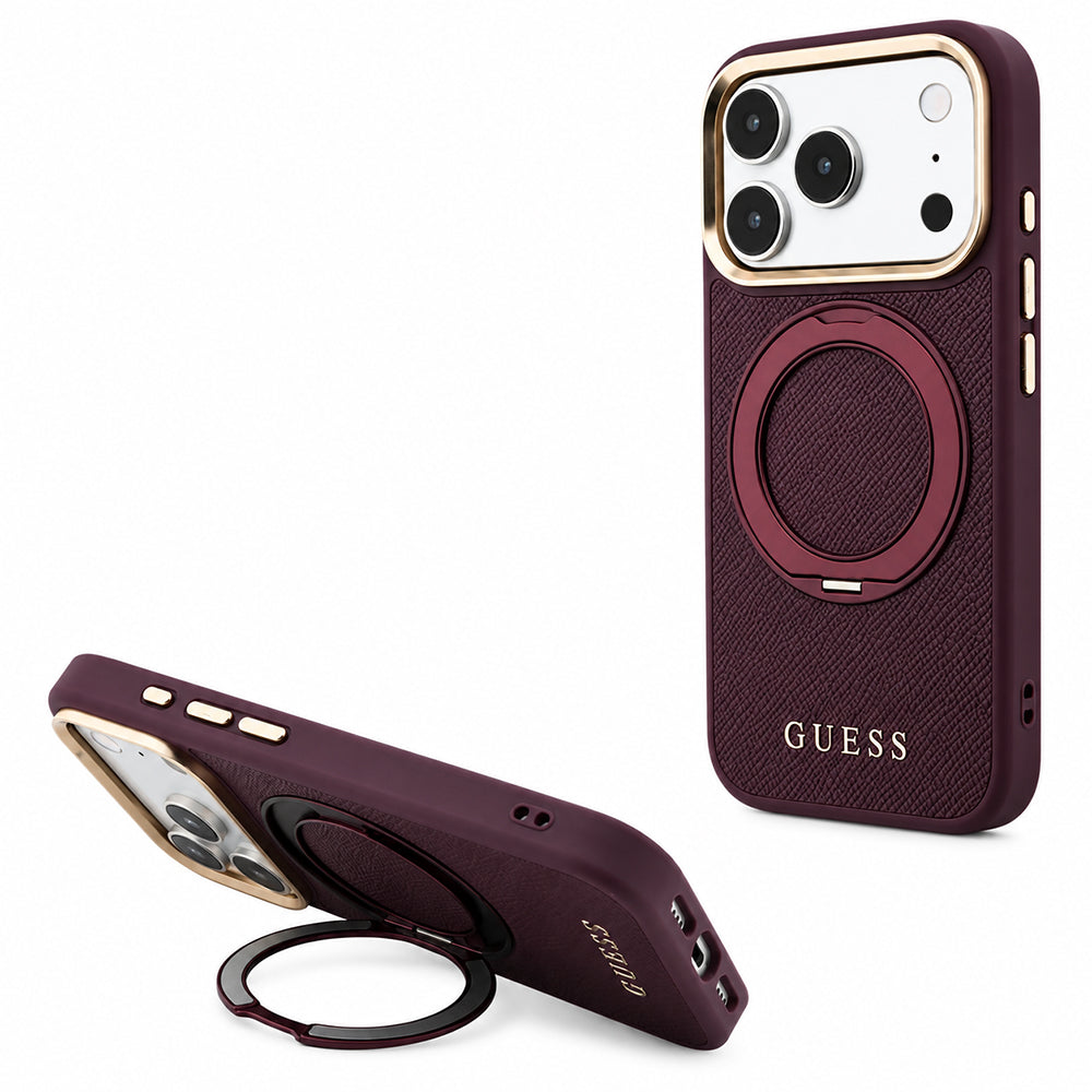 Pouzdro MagSafe pro Apple iPhone 18 Pro / 17 Pro, Guess, Grained Ring Stand 360 Classic, vínové