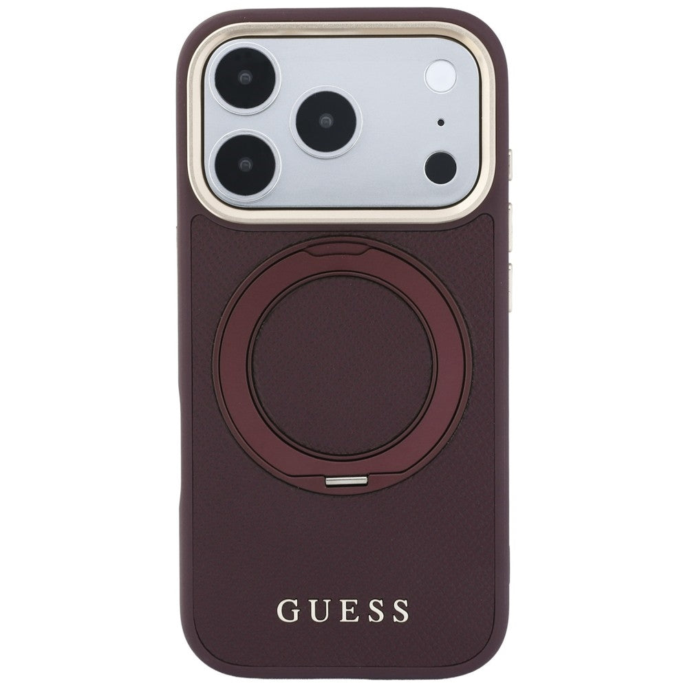 Pouzdro MagSafe pro Apple iPhone 18 Pro / 17 Pro, Guess, Grained Ring Stand 360 Classic, vínové