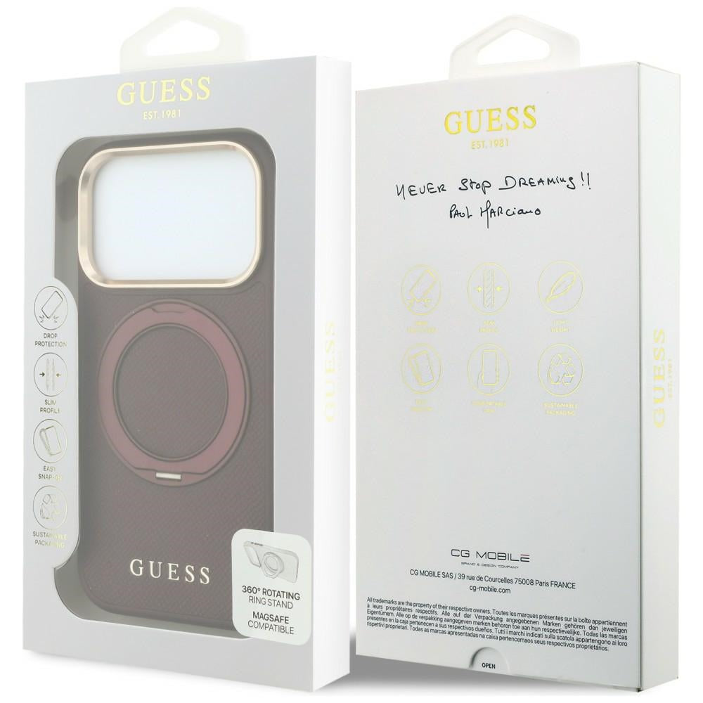 Pouzdro MagSafe pro Apple iPhone 18 Pro / 17 Pro, Guess, Grained Ring Stand 360 Classic, vínové