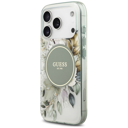 Pouzdro MagSafe pro Apple iPhone 18 Pro / 17 Pro, Guess, IML Flower & Tonal Circle, zelené