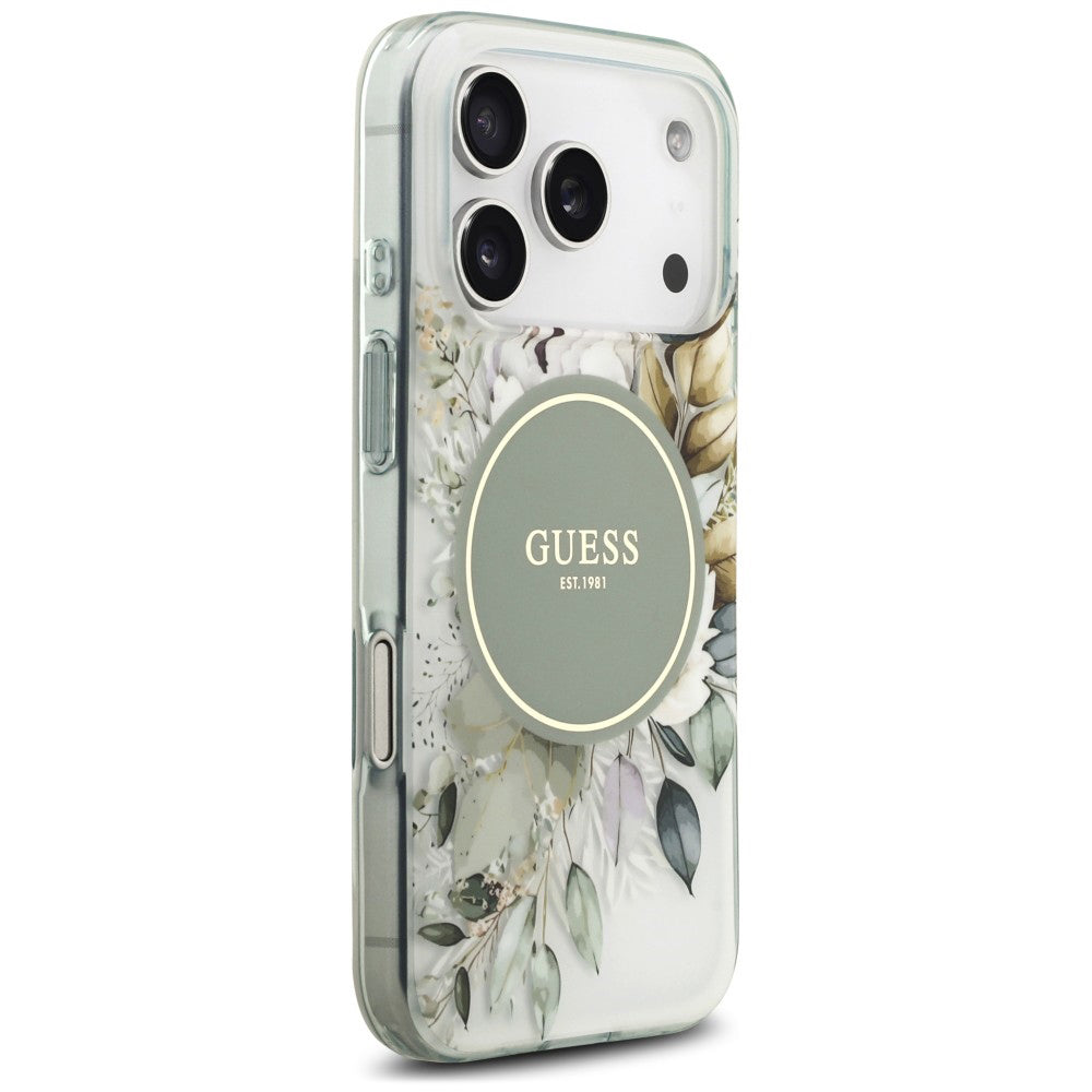 Pouzdro MagSafe pro Apple iPhone 18 Pro / 17 Pro, Guess, IML Flower & Tonal Circle, zelené