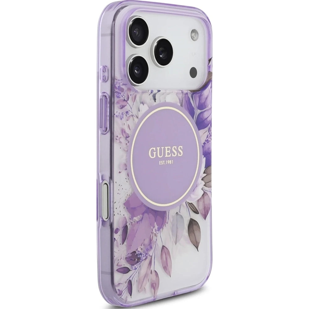 Pouzdro MagSafe pro Apple iPhone 18 Pro / 17 Pro, Guess, IML Flowers with Pearl Strap, fialové