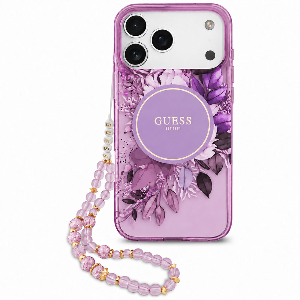 Pouzdro MagSafe pro Apple iPhone 18 Pro / 17 Pro, Guess, IML Flowers with Pearl Strap, fialové