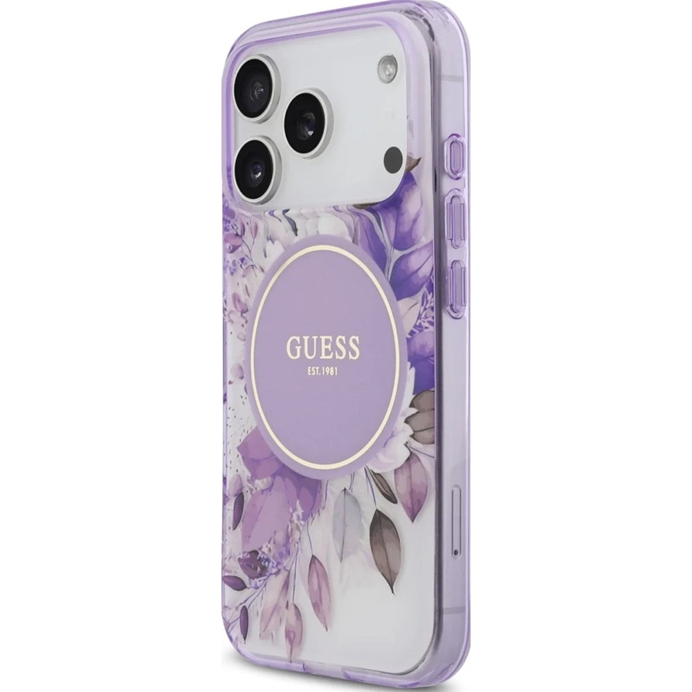Pouzdro MagSafe pro Apple iPhone 18 Pro / 17 Pro, Guess, IML Flowers with Pearl Strap, fialové