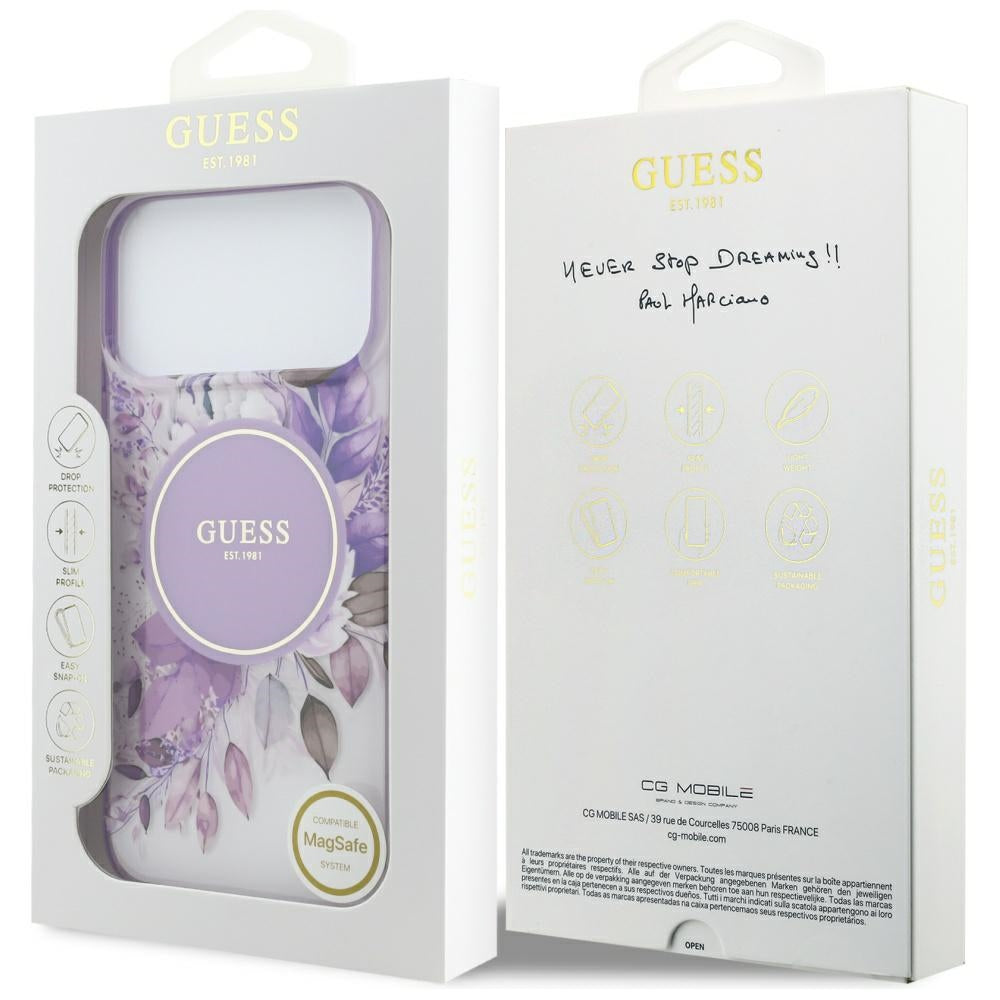 Pouzdro MagSafe pro Apple iPhone 18 Pro / 17 Pro, Guess, IML Flowers with Pearl Strap, fialové