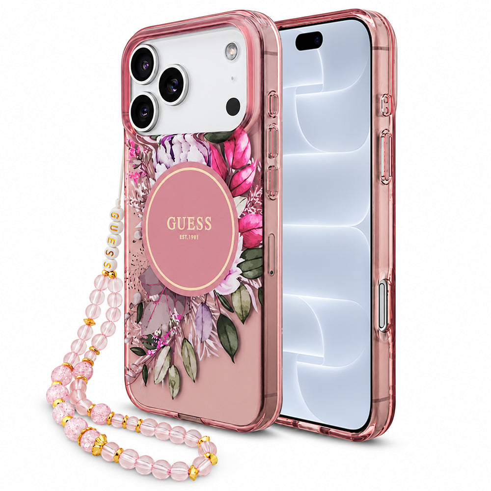 Pouzdro MagSafe pro Apple iPhone 18 Pro / 17 Pro, Guess, IML Flowers with Pearl Strap, růžové