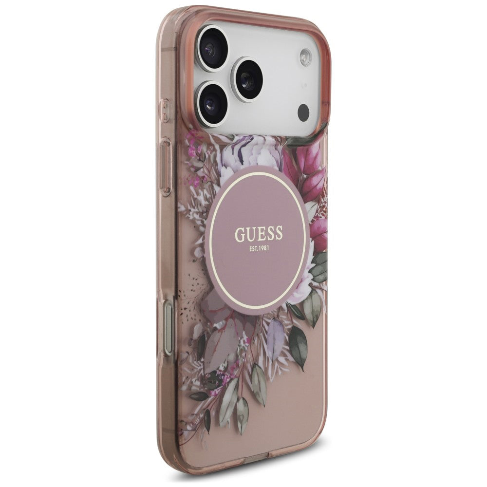 Pouzdro MagSafe pro Apple iPhone 18 Pro / 17 Pro, Guess, IML Flowers with Pearl Strap, růžové