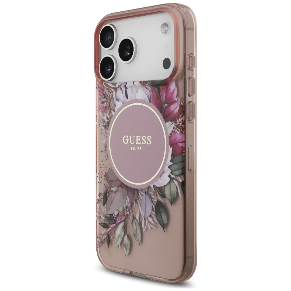 Pouzdro MagSafe pro Apple iPhone 18 Pro / 17 Pro, Guess, IML Flowers with Pearl Strap, růžové