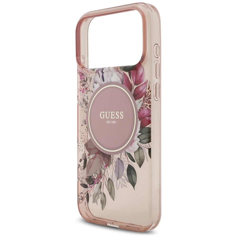 Pouzdro MagSafe pro Apple iPhone 18 Pro / 17 Pro, Guess, IML Flowers with Pearl Strap, růžové