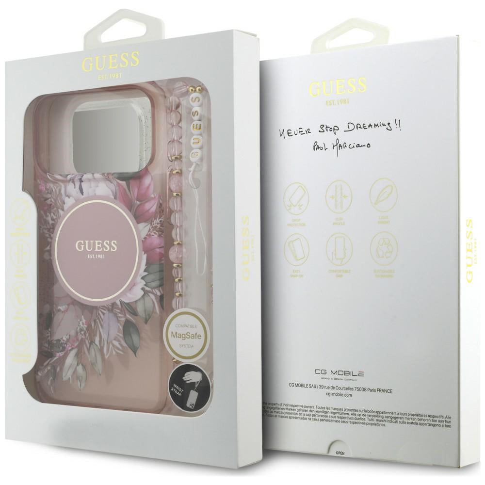 Pouzdro MagSafe pro Apple iPhone 18 Pro / 17 Pro, Guess, IML Flowers with Pearl Strap, růžové