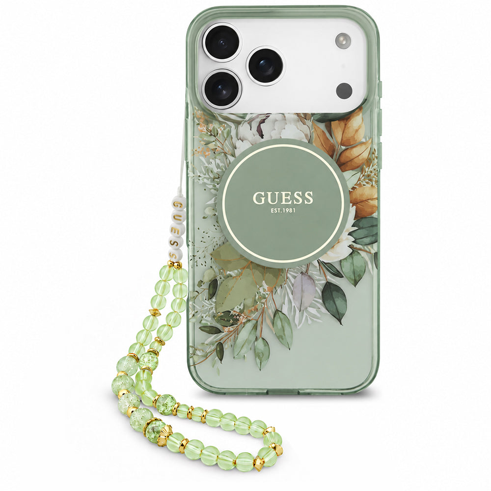 Pouzdro MagSafe pro Apple iPhone 18 Pro / 17 Pro, Guess, IML Flowers with Pearl Strap, zelené