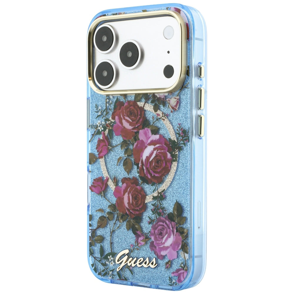 MagSafe pouzdro pro Apple iPhone 18 Pro / 17 Pro, Guess, IML Glitter Blossom Roses, Bleu