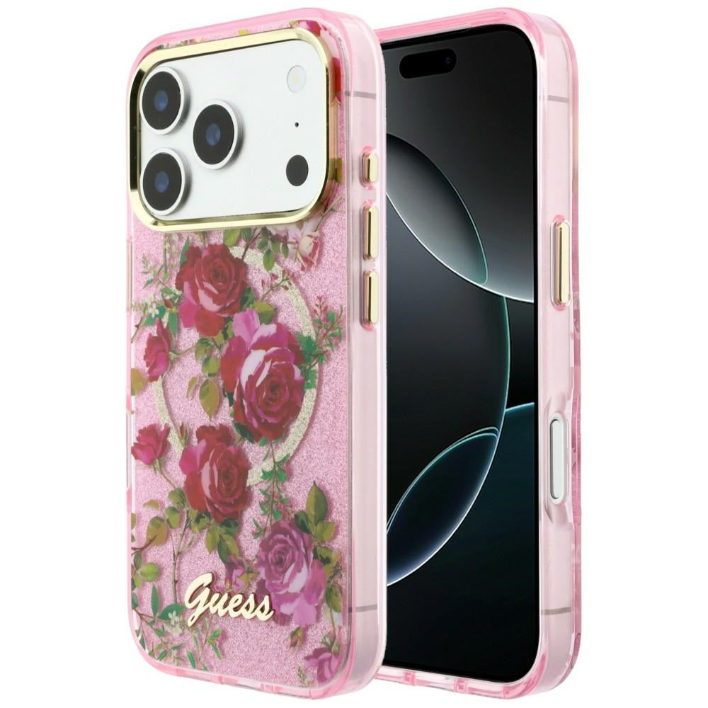 MagSafe pouzdro pro Apple iPhone 18 Pro / 17 Pro, Guess, IML Glitter Blossom Roses, Růžová