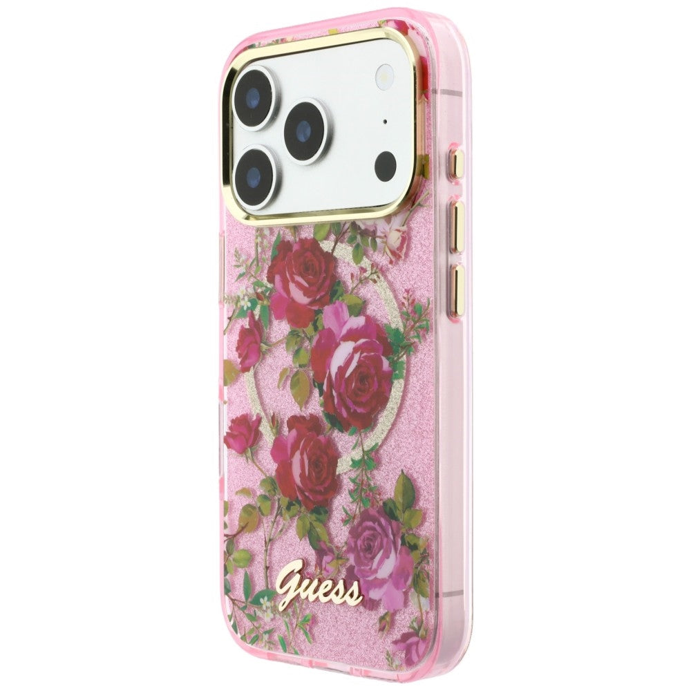 MagSafe pouzdro pro Apple iPhone 18 Pro / 17 Pro, Guess, IML Glitter Blossom Roses, Růžová