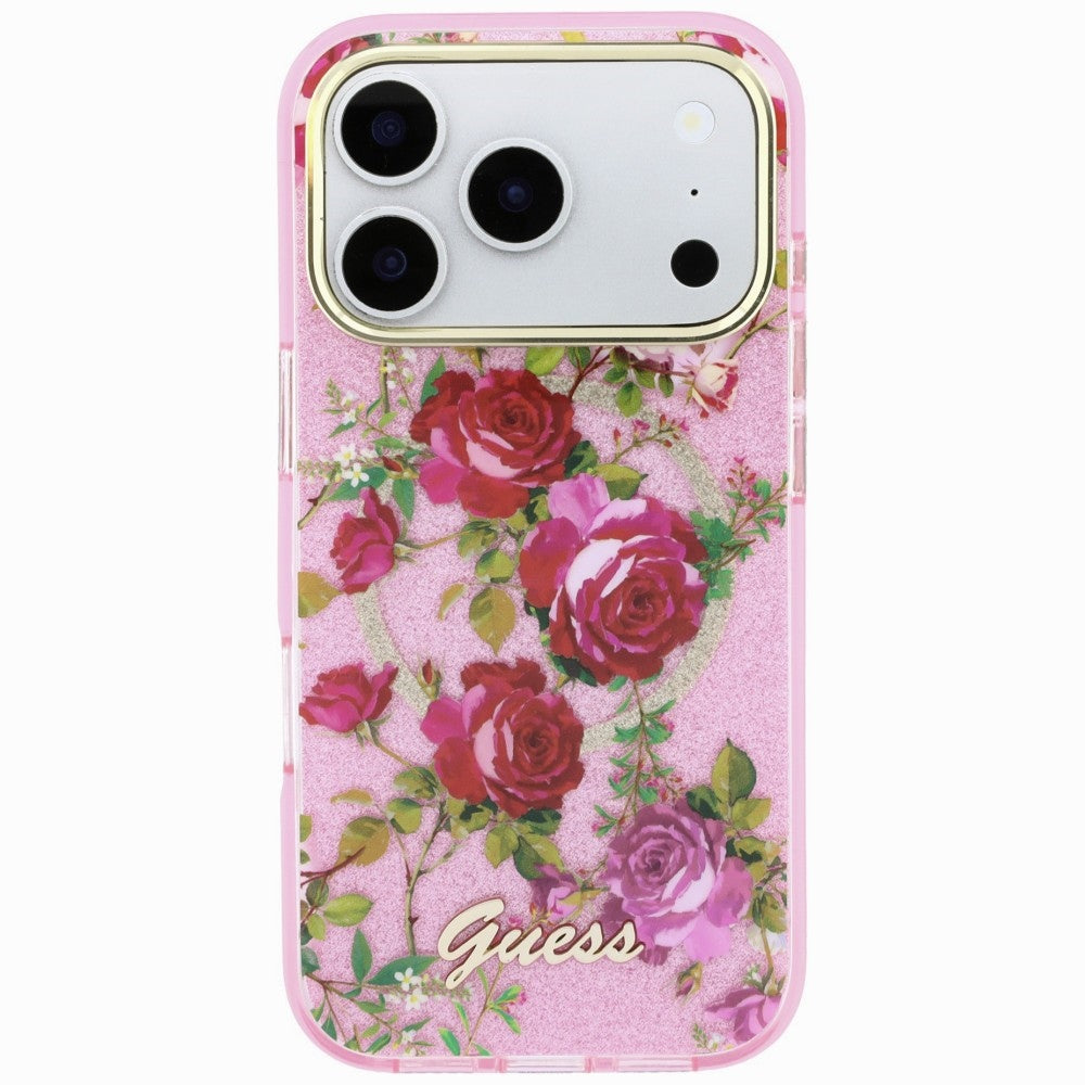 MagSafe pouzdro pro Apple iPhone 18 Pro / 17 Pro, Guess, IML Glitter Blossom Roses, Růžová