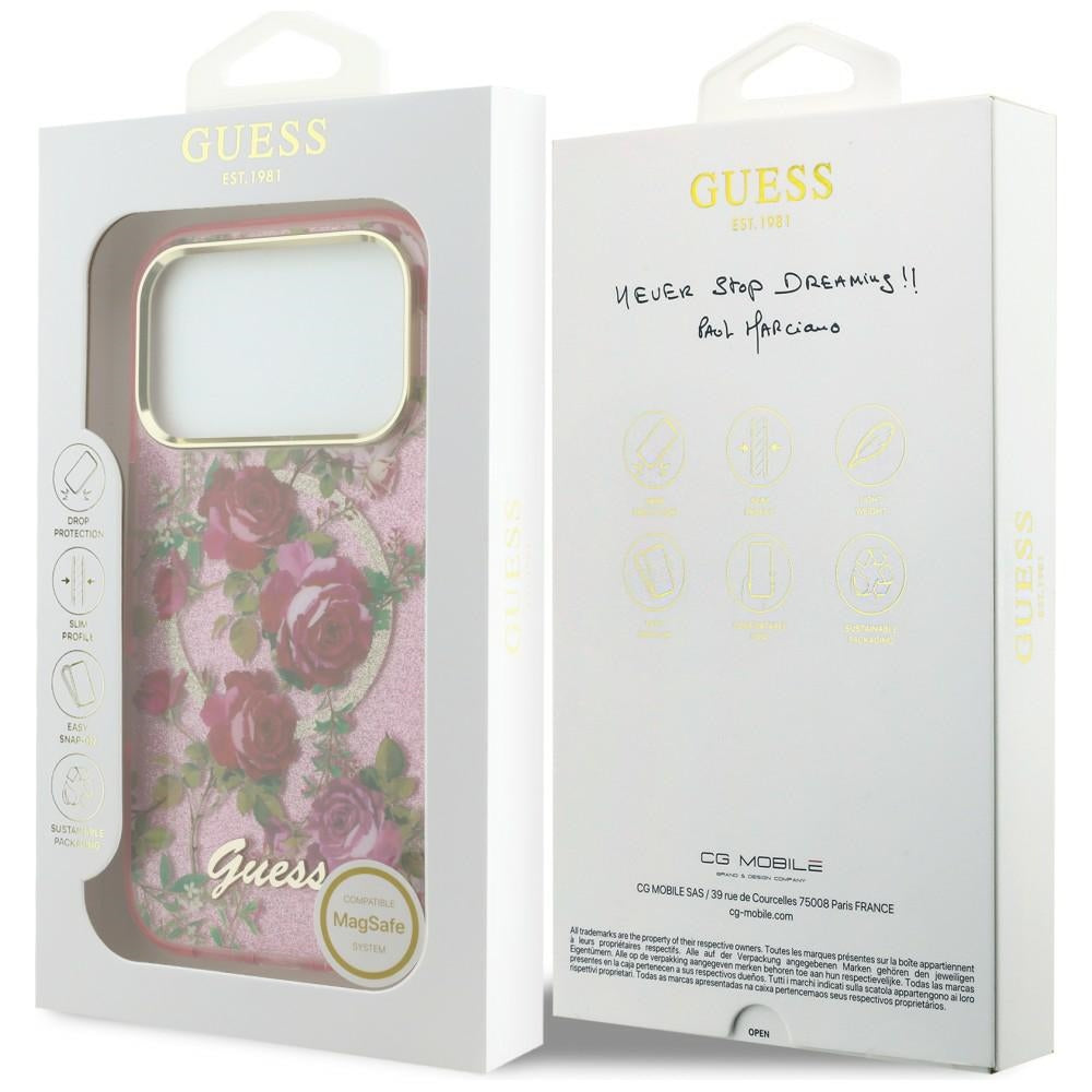 MagSafe pouzdro pro Apple iPhone 18 Pro / 17 Pro, Guess, IML Glitter Blossom Roses, Růžová