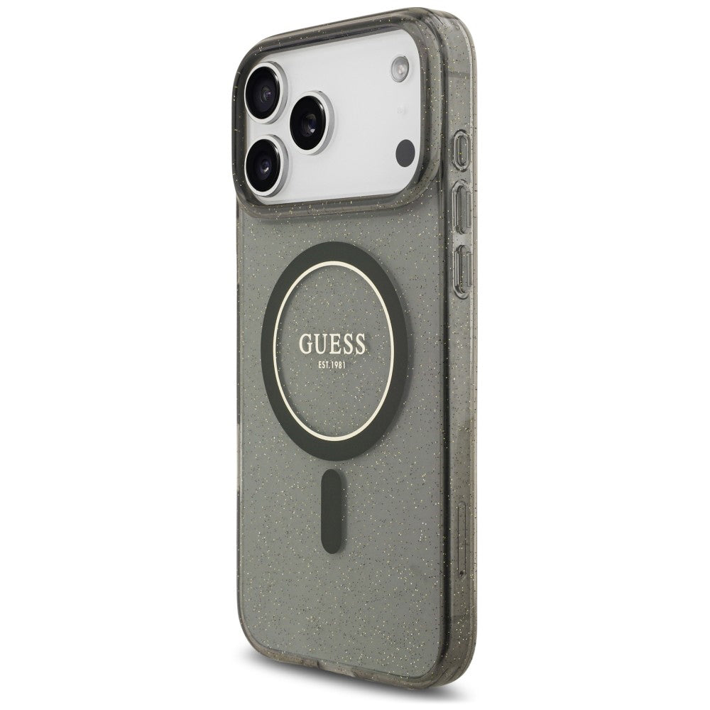 Pouzdro MagSafe pro Apple iPhone 18 Pro / 17 Pro, Guess, IML Glitter with Pearl Strap, černé