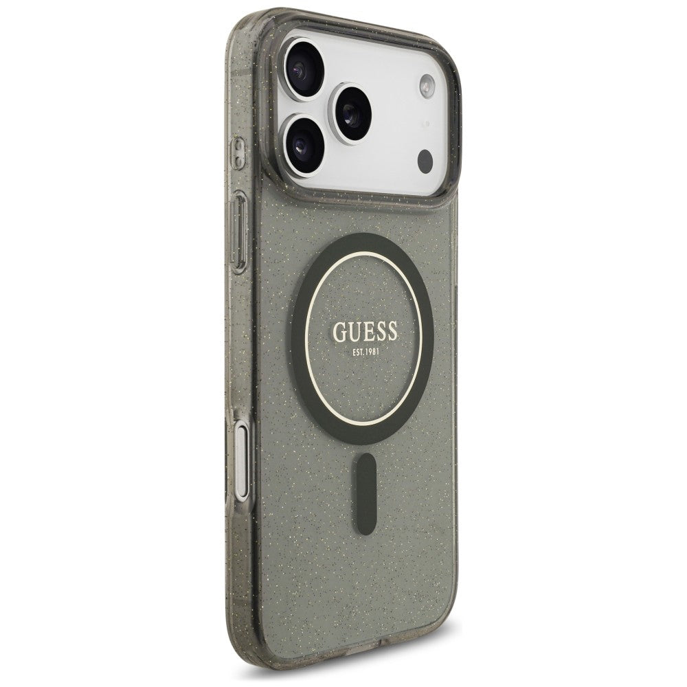 Pouzdro MagSafe pro Apple iPhone 18 Pro / 17 Pro, Guess, IML Glitter with Pearl Strap, černé