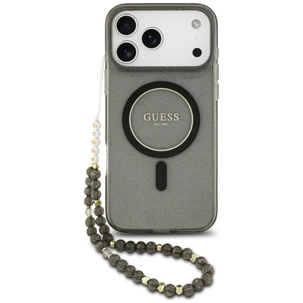 Pouzdro MagSafe pro Apple iPhone 18 Pro / 17 Pro, Guess, IML Glitter with Pearl Strap, černé