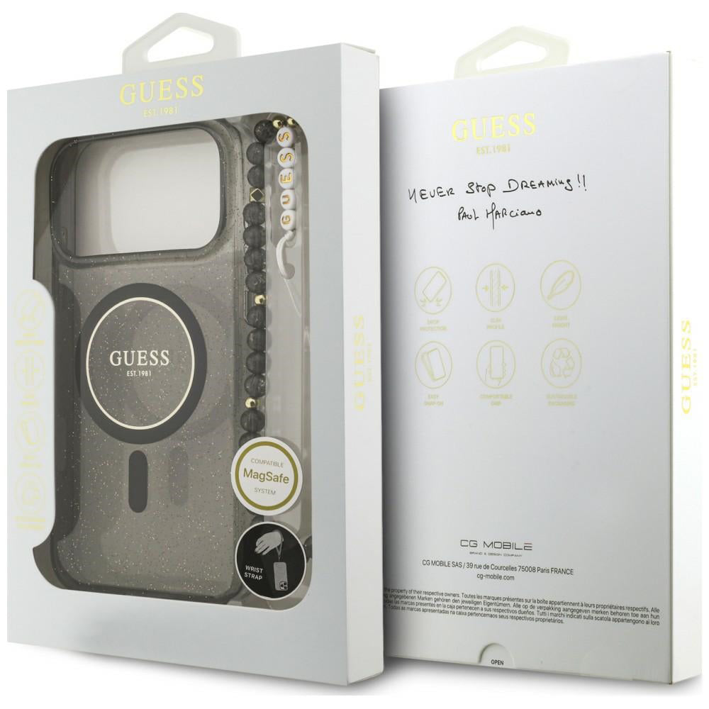 Pouzdro MagSafe pro Apple iPhone 18 Pro / 17 Pro, Guess, IML Glitter with Pearl Strap, černé