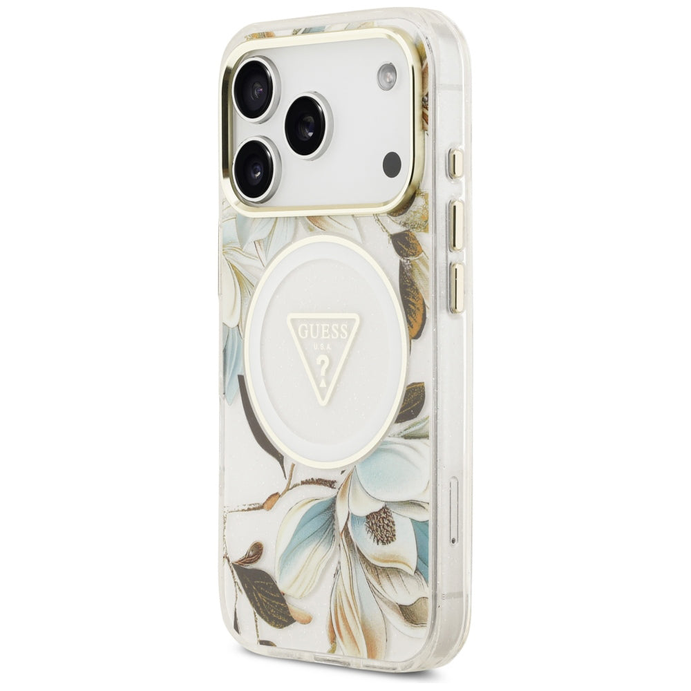 MagSafe pouzdro pro Apple iPhone 18 Pro / 17 Pro, Guess, IML Metal Glitter Flowers Triangle, Bílá