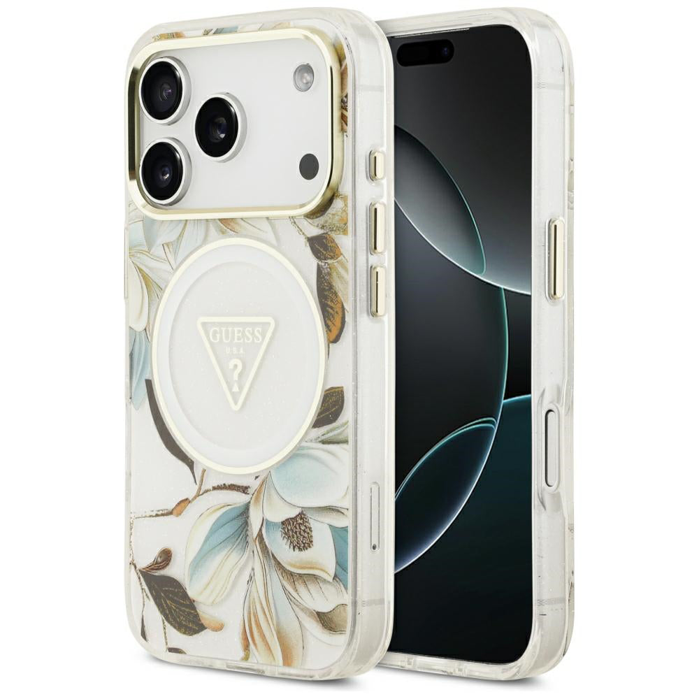 MagSafe pouzdro pro Apple iPhone 18 Pro / 17 Pro, Guess, IML Metal Glitter Flowers Triangle, Bílá