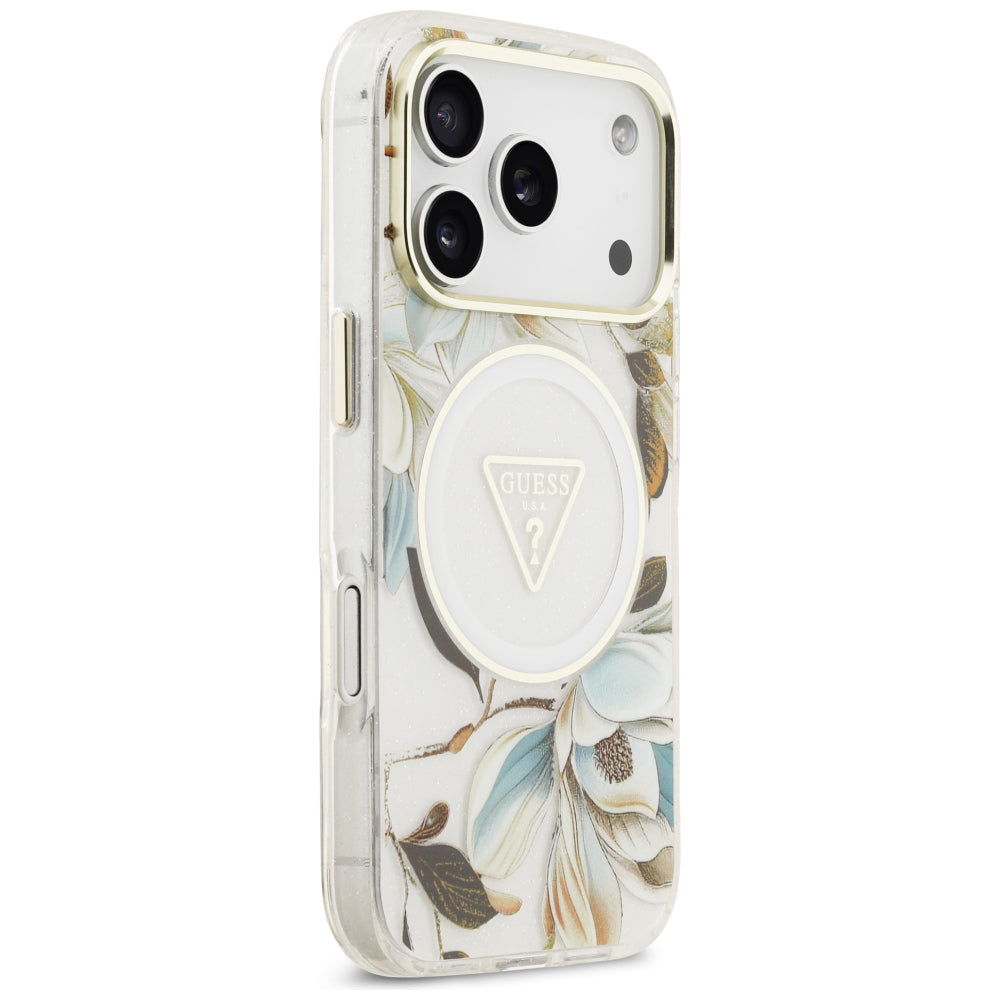 MagSafe pouzdro pro Apple iPhone 18 Pro / 17 Pro, Guess, IML Metal Glitter Flowers Triangle, Bílá