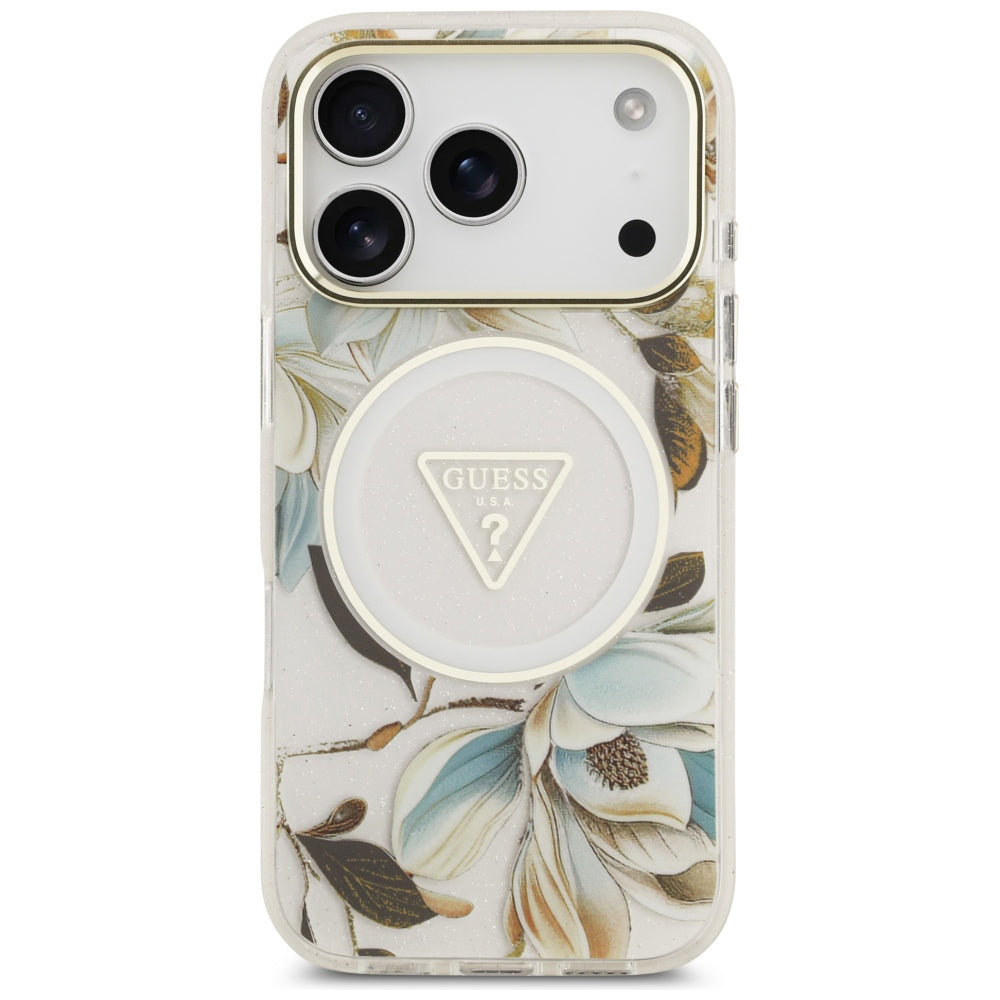 MagSafe pouzdro pro Apple iPhone 18 Pro / 17 Pro, Guess, IML Metal Glitter Flowers Triangle, Bílá