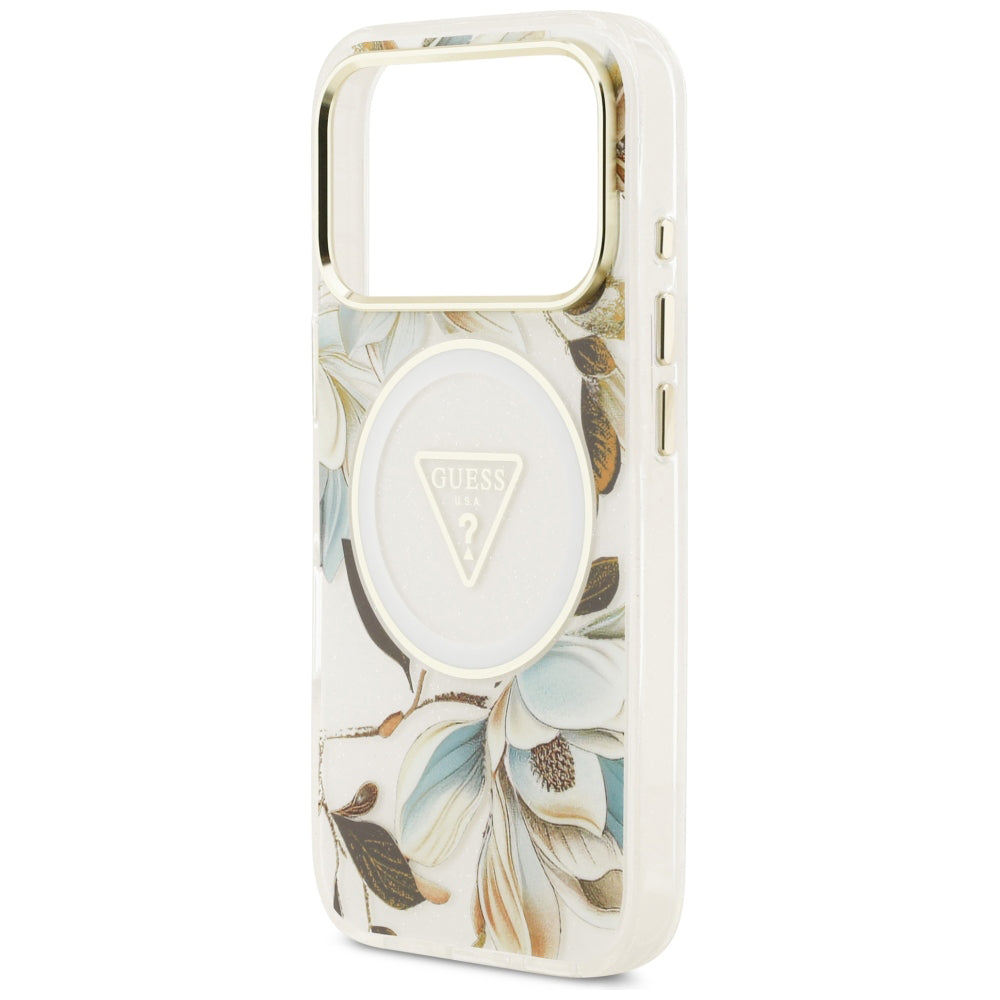 MagSafe pouzdro pro Apple iPhone 18 Pro / 17 Pro, Guess, IML Metal Glitter Flowers Triangle, Bílá