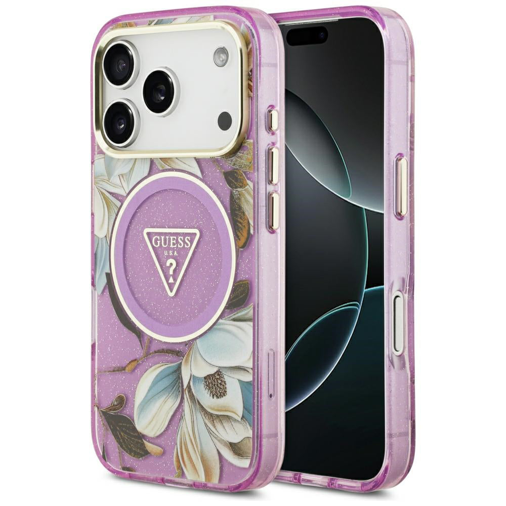 MagSafe pouzdro pro Apple iPhone 18 Pro / 17 Pro, Guess, IML Metal Glitter Flowers Triangle, Fialové