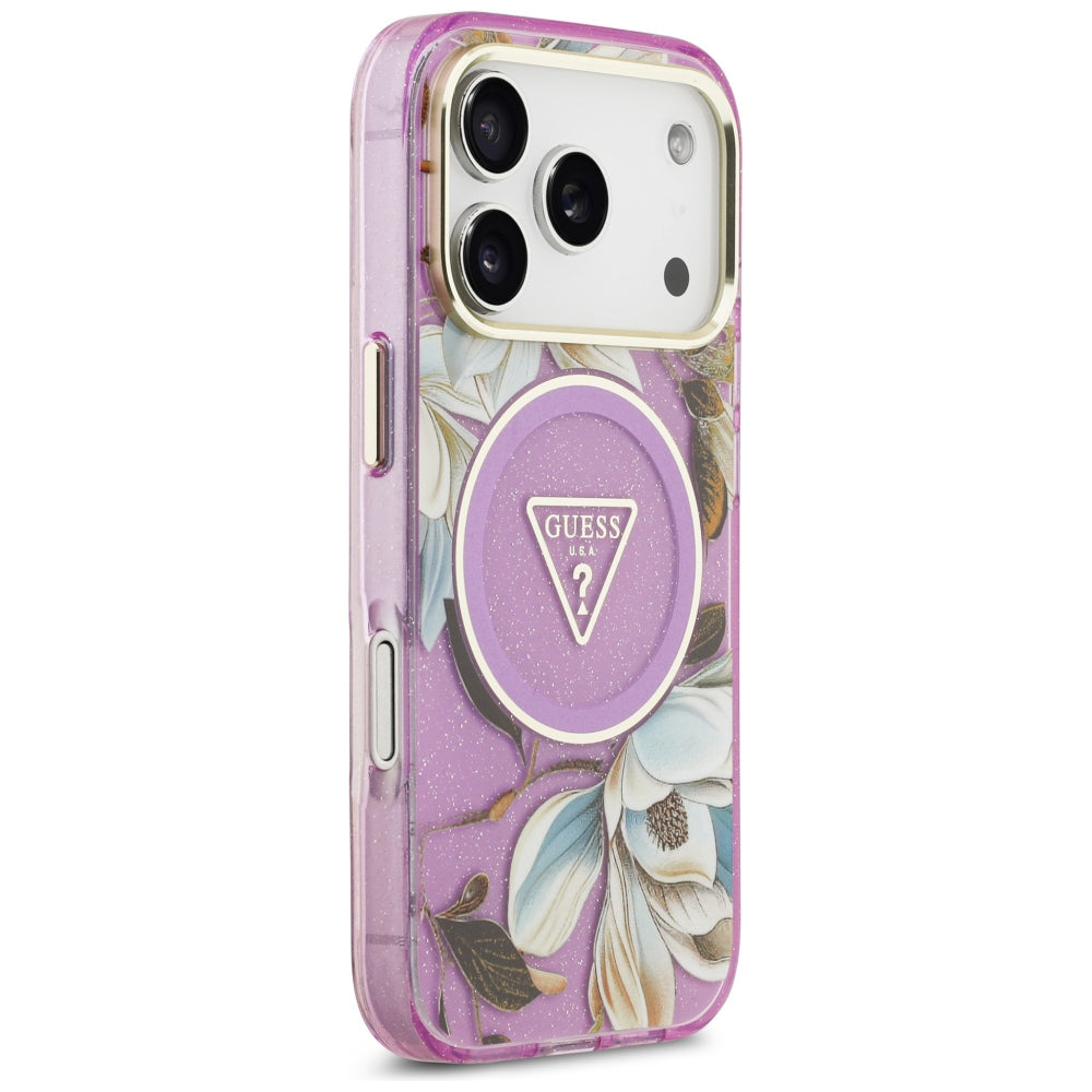 MagSafe pouzdro pro Apple iPhone 18 Pro / 17 Pro, Guess, IML Metal Glitter Flowers Triangle, Fialové