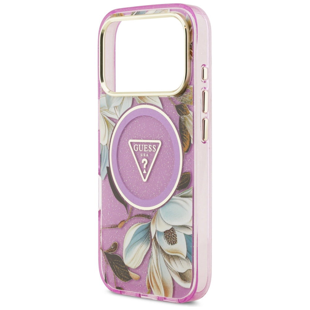 MagSafe pouzdro pro Apple iPhone 18 Pro / 17 Pro, Guess, IML Metal Glitter Flowers Triangle, Fialové