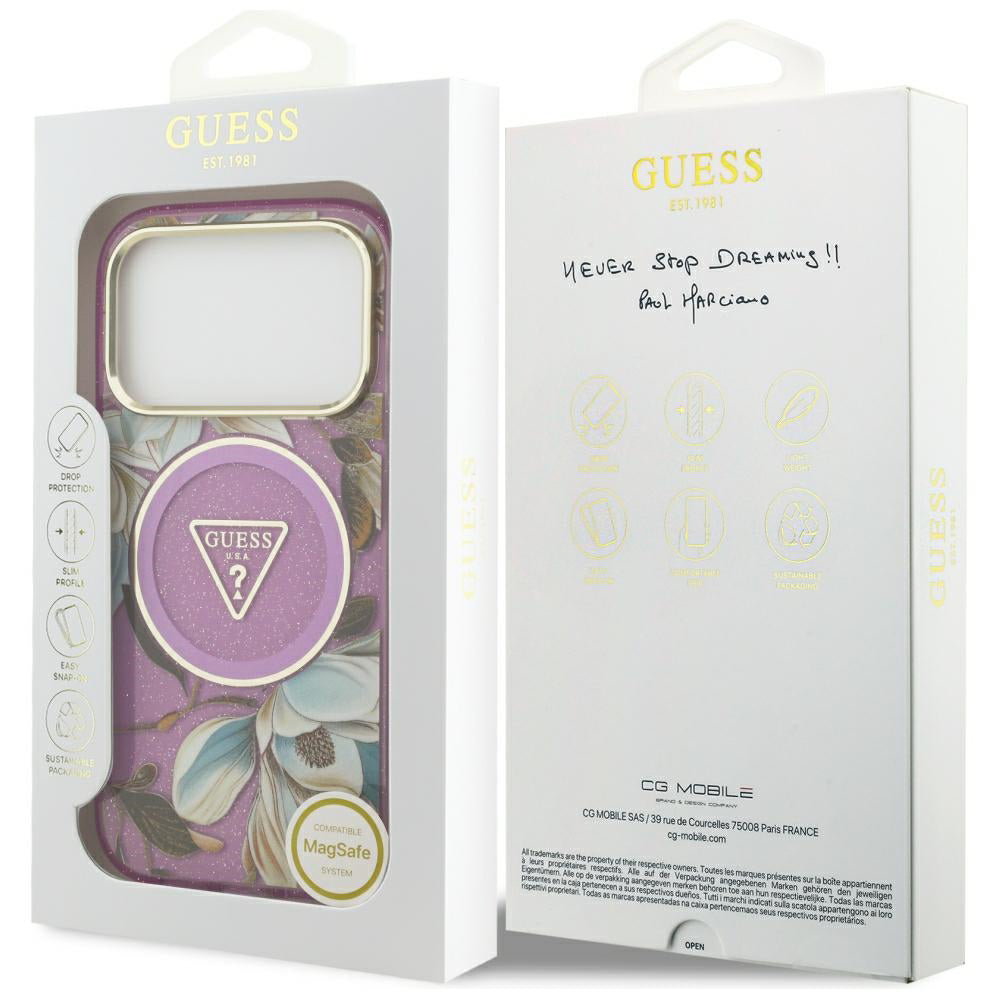 MagSafe pouzdro pro Apple iPhone 18 Pro / 17 Pro, Guess, IML Metal Glitter Flowers Triangle, Fialové