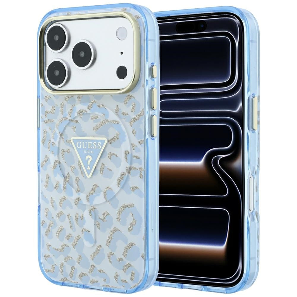 MagSafe pouzdro pro Apple iPhone 18 Pro / 17 Pro, Guess, Leopard Glitter Triangle Logo, Bleu