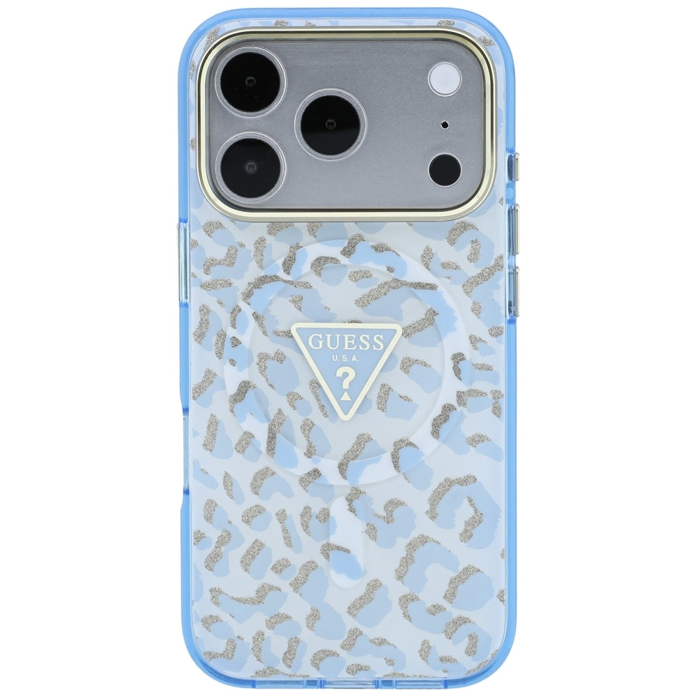 MagSafe pouzdro pro Apple iPhone 18 Pro / 17 Pro, Guess, Leopard Glitter Triangle Logo, Bleu