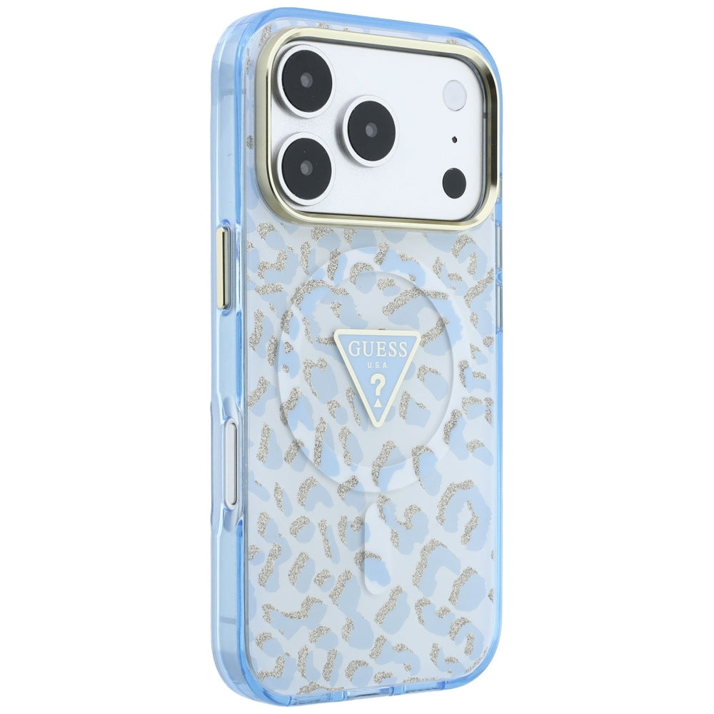MagSafe pouzdro pro Apple iPhone 18 Pro / 17 Pro, Guess, Leopard Glitter Triangle Logo, Bleu
