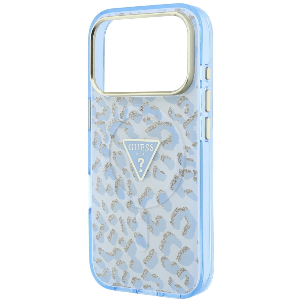 MagSafe pouzdro pro Apple iPhone 18 Pro / 17 Pro, Guess, Leopard Glitter Triangle Logo, Bleu