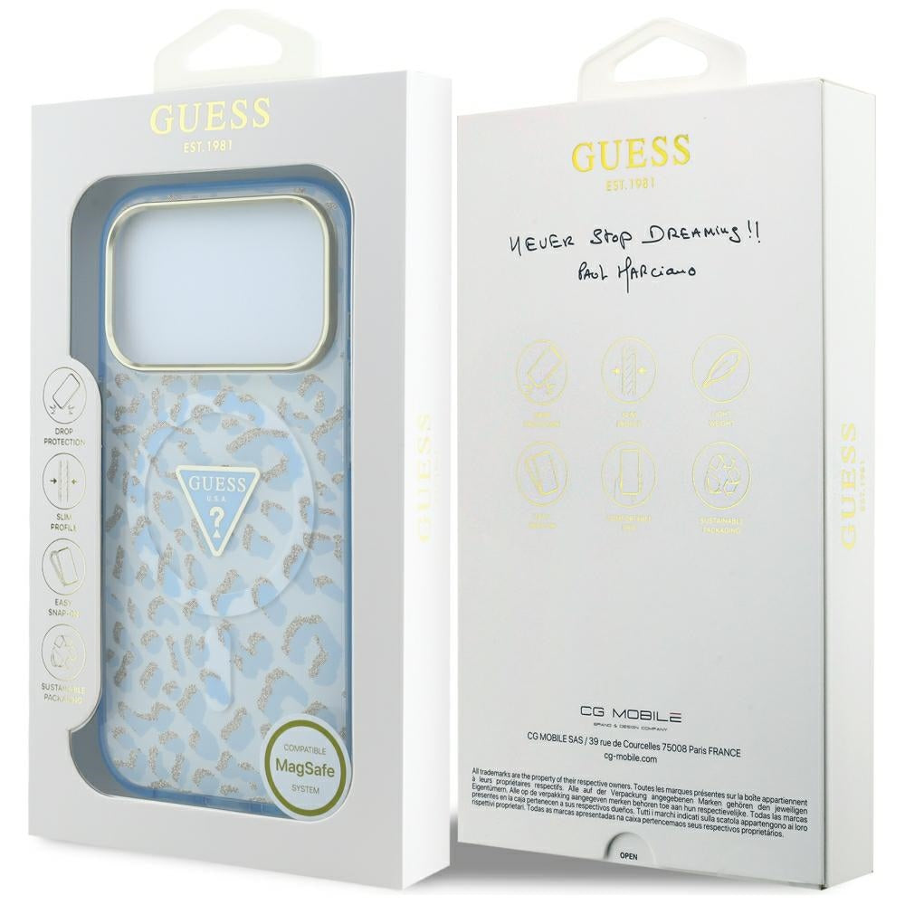 MagSafe pouzdro pro Apple iPhone 18 Pro / 17 Pro, Guess, Leopard Glitter Triangle Logo, Bleu