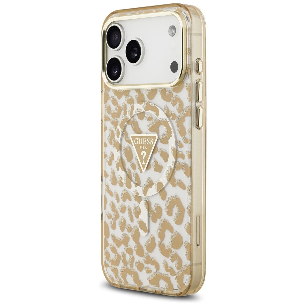 MagSafe pouzdro pro Apple iPhone 18 Pro / 17 Pro, Guess, Leopard Glitter Triangle Logo, Hnědá