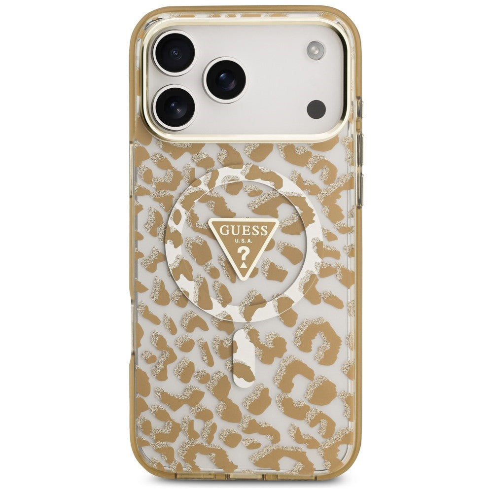 MagSafe pouzdro pro Apple iPhone 18 Pro / 17 Pro, Guess, Leopard Glitter Triangle Logo, Hnědá