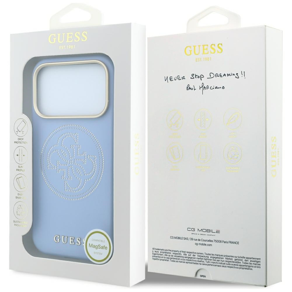 MagSafe pouzdro pro Apple iPhone 18 Pro / 17 Pro, Guess, Perforated 4G, Bleu