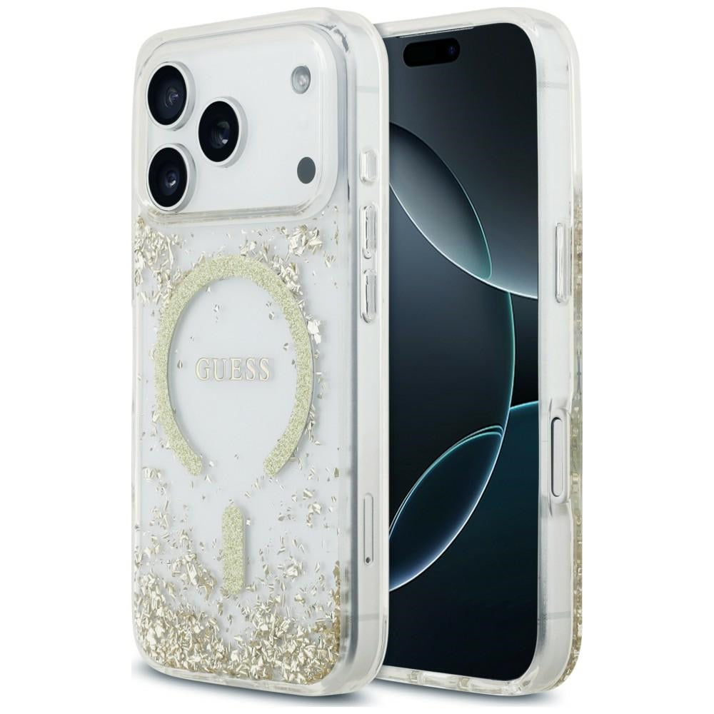 MagSafe pouzdro pro Apple iPhone 18 Pro / 17 Pro, Guess, pryskyřicové dno s třpytkami, zlaté