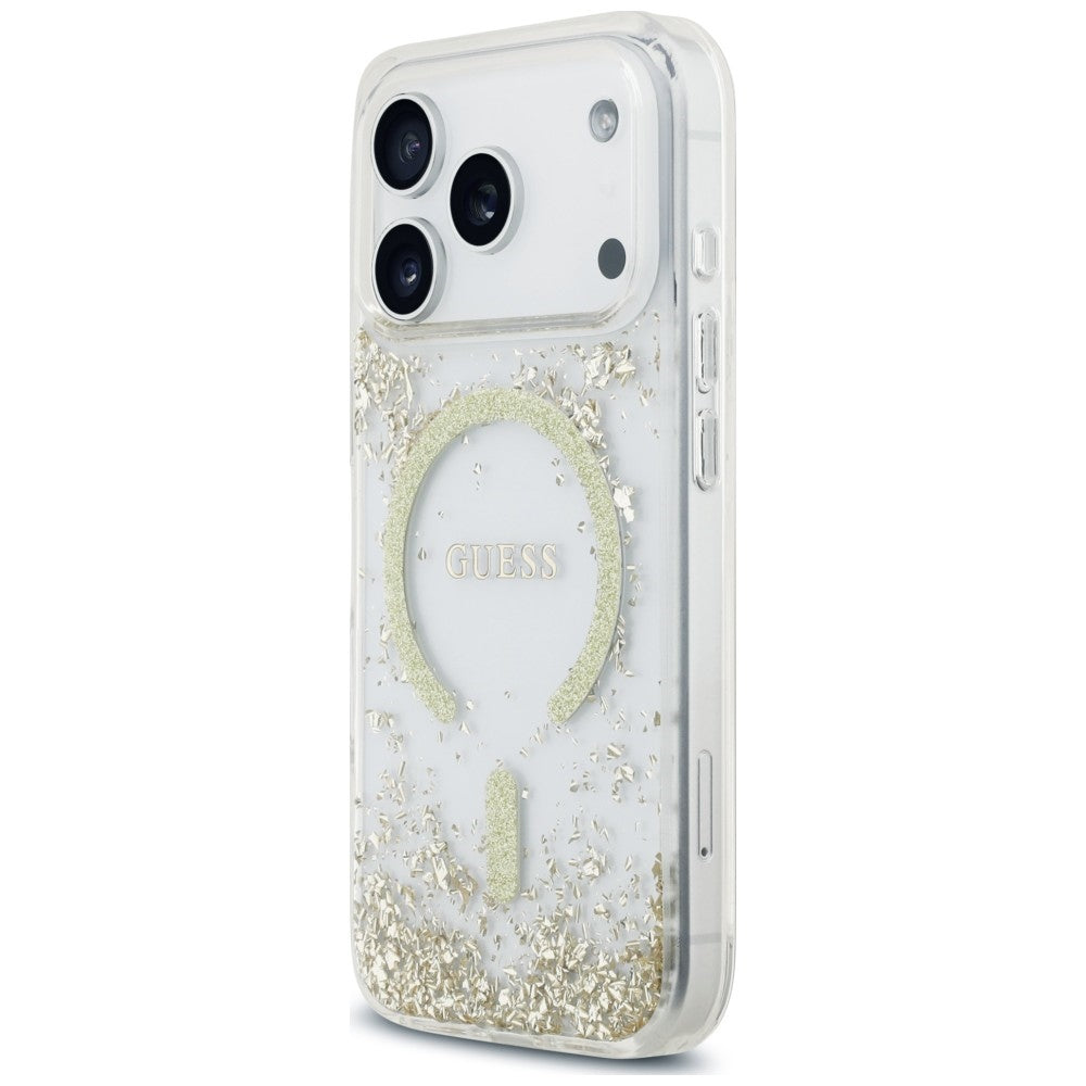 MagSafe pouzdro pro Apple iPhone 18 Pro / 17 Pro, Guess, pryskyřicové dno s třpytkami, zlaté