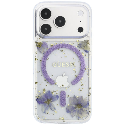 MagSafe pouzdro pro Apple iPhone 18 Pro / 17 Pro, Guess, Resin Flowers and Glitter, Fialová
