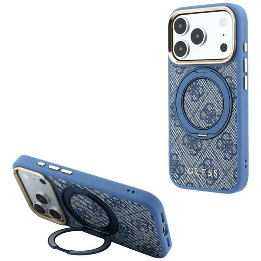 MagSafe pouzdro pro Apple iPhone 18 Pro / 17 Pro, Guess, Ring Stand 360 4G Classic Logo, Modré