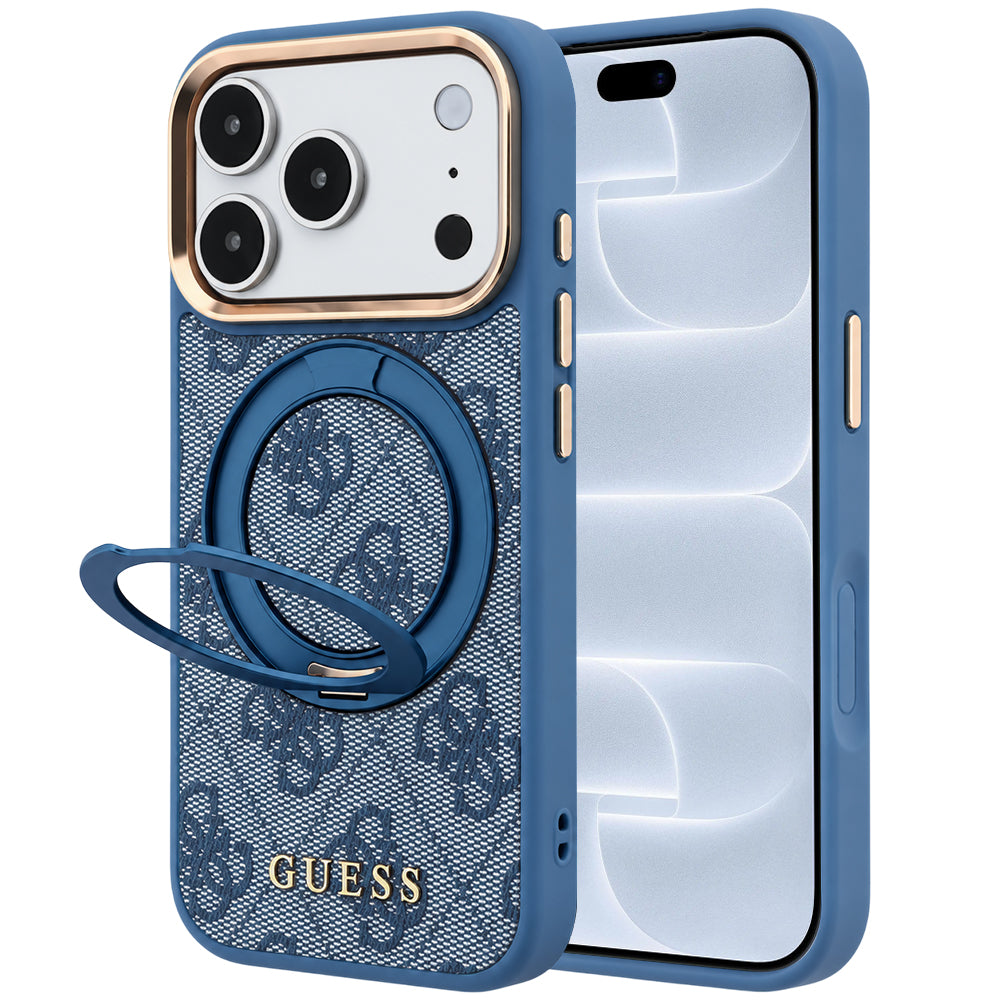 MagSafe pouzdro pro Apple iPhone 18 Pro / 17 Pro, Guess, Ring Stand 360 4G Classic Logo, Modré
