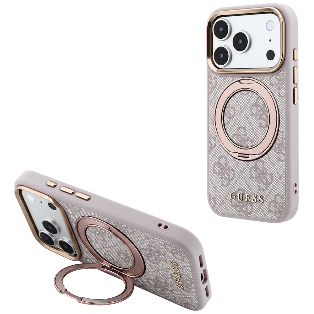 MagSafe pouzdro pro Apple iPhone 18 Pro / 17 Pro, Guess, Ring Stand 360 4G Classic Logo, Růžová